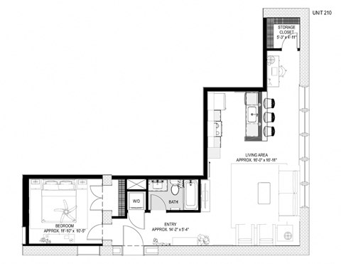 Floor plan for 1 bed, 1 bath, 876 sqft